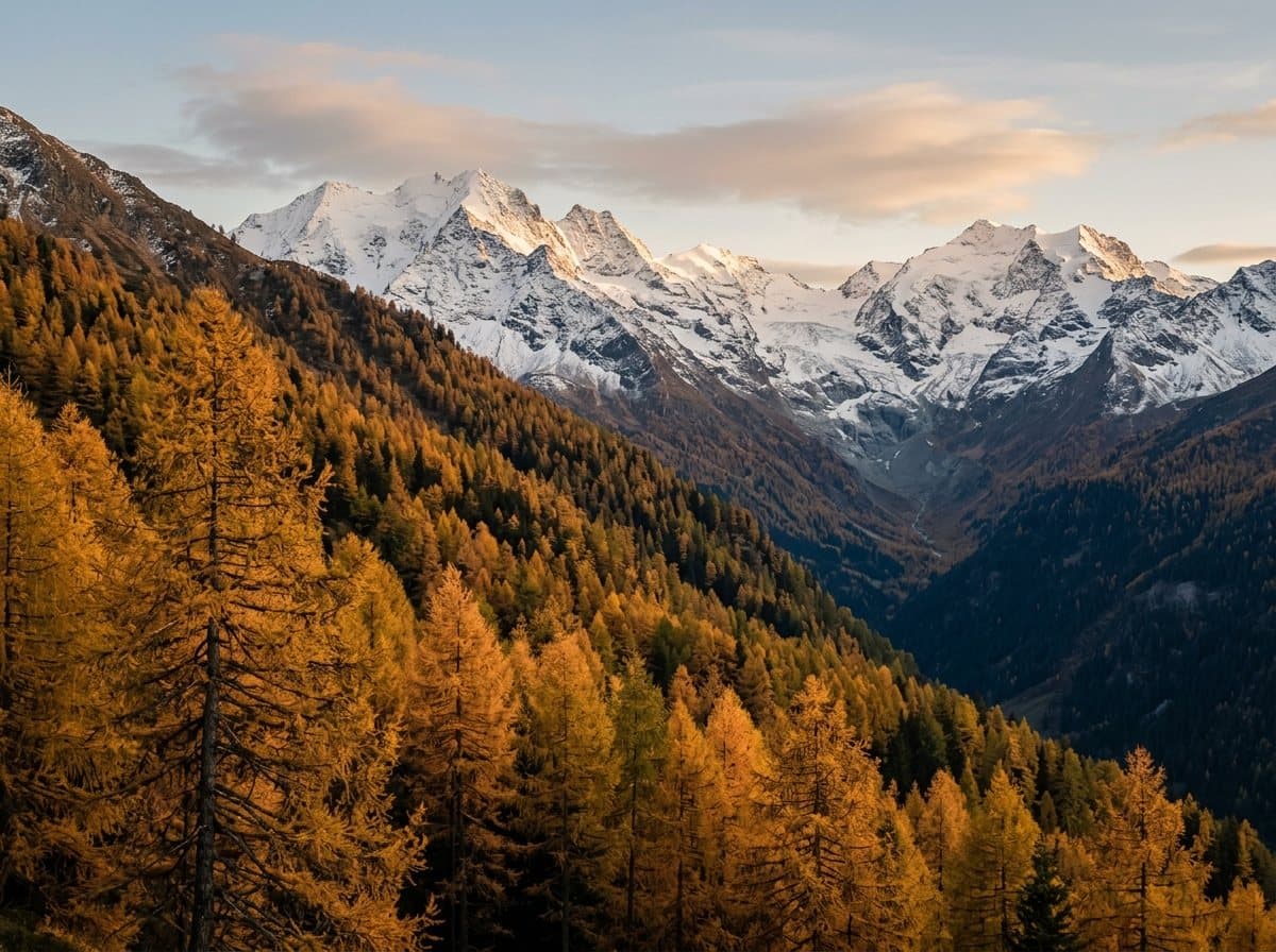 A person overlooking an alpine valley at sunrise
