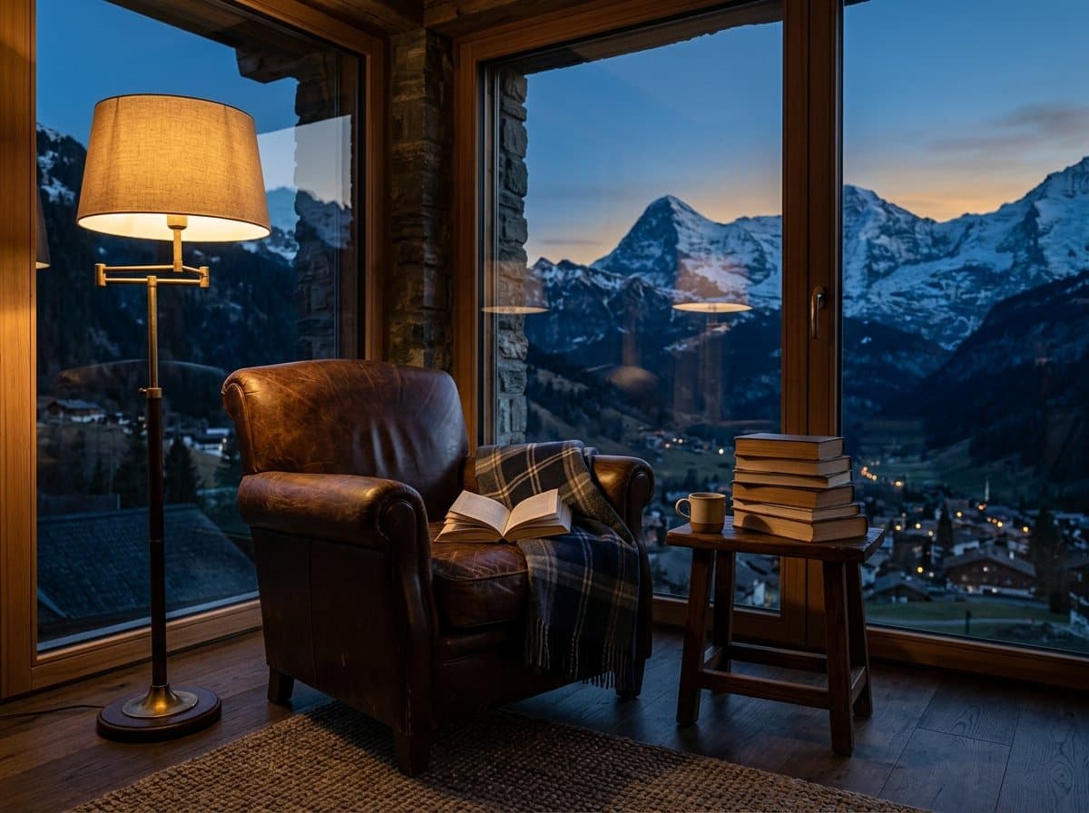 Alpine living room at sunset